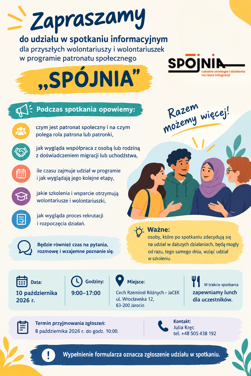 Zaproszenie na spotkanie informacyjne dla przyszłych wolontariuszy i wolontariuszek w programie patronatu  społecznego